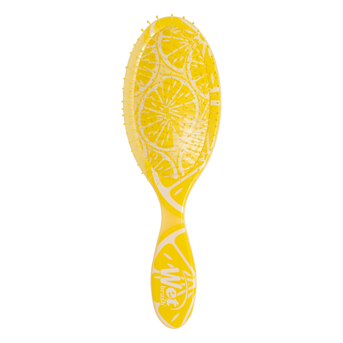 Wet Brush Original Detangler front view showing lemon Tutti Fruitti finish and ergonomic grip benefit