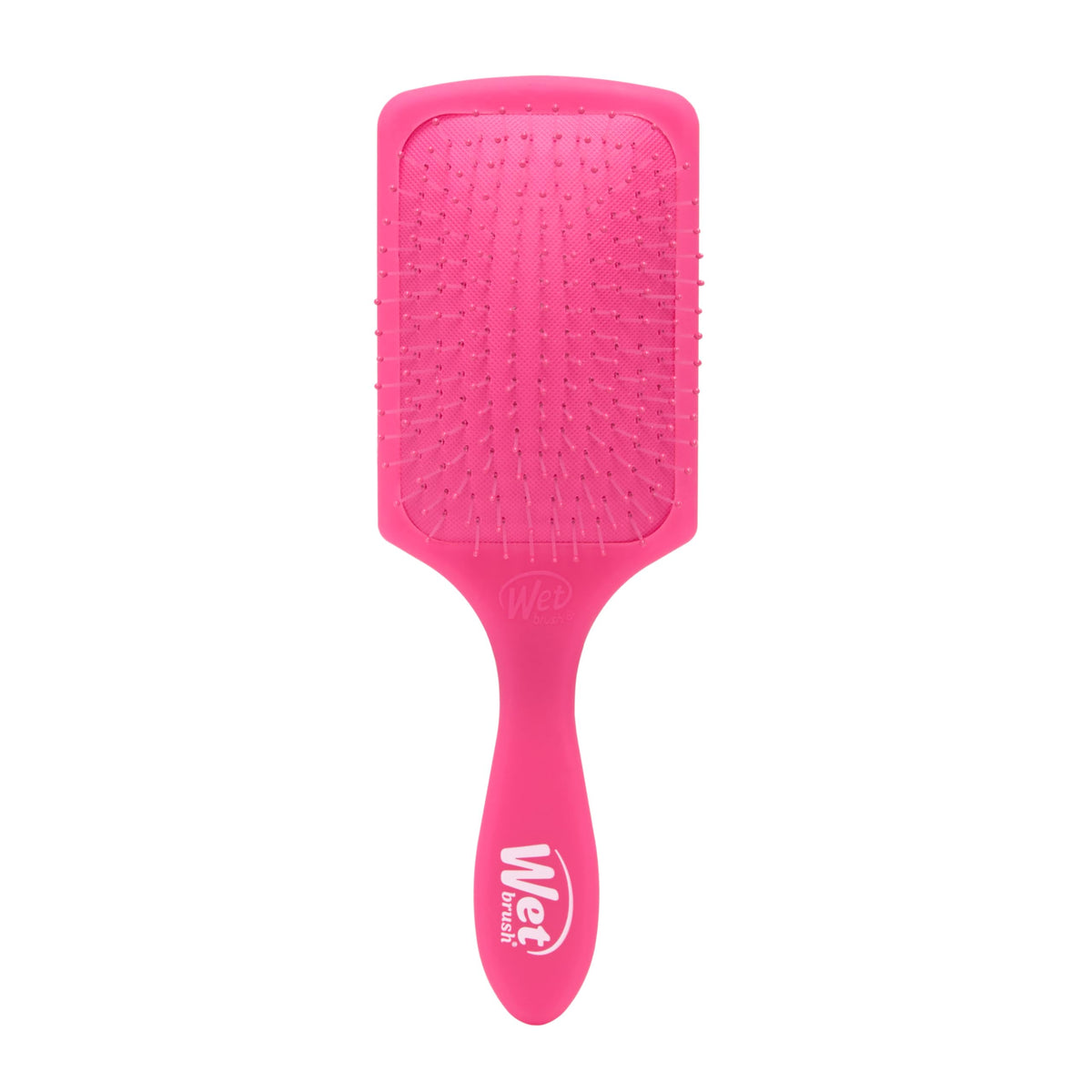 Wet Brush paddle front view showing pink frost finish and wide coverage benefit