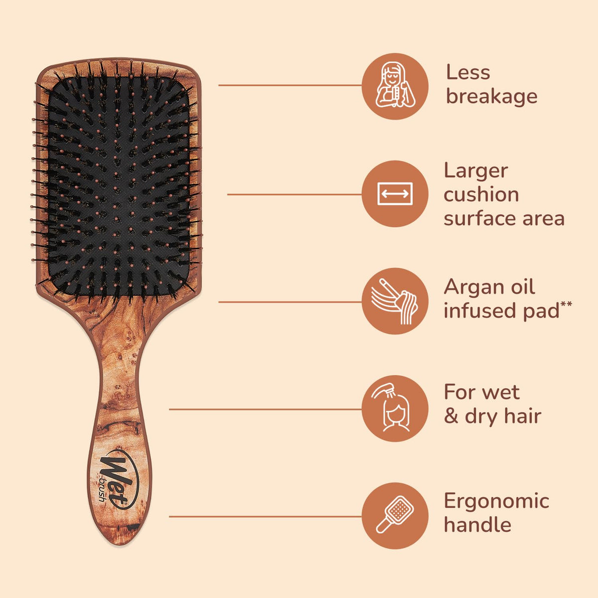 Wet Brush IntelliFlex bristles detail gliding through knots to reduce breakage