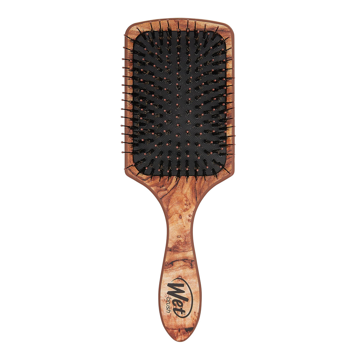 Wet Brush wooden paddle front view showing ergonomic handle and brand finish