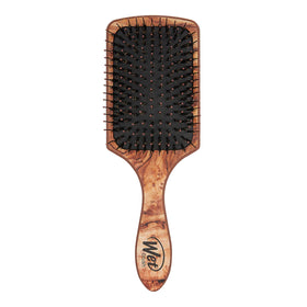 Wet Brush wooden paddle front view showing ergonomic handle and brand finish