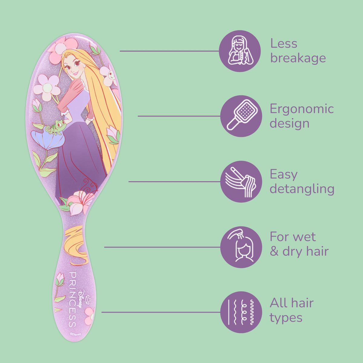 Wet Brush Rapunzel bristle close-up showing IntelliFlex bristles for gentle detangling