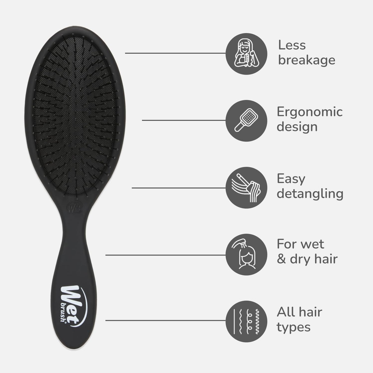 Wet Brush side profile highlighting ergonomic handle for easy grip and control