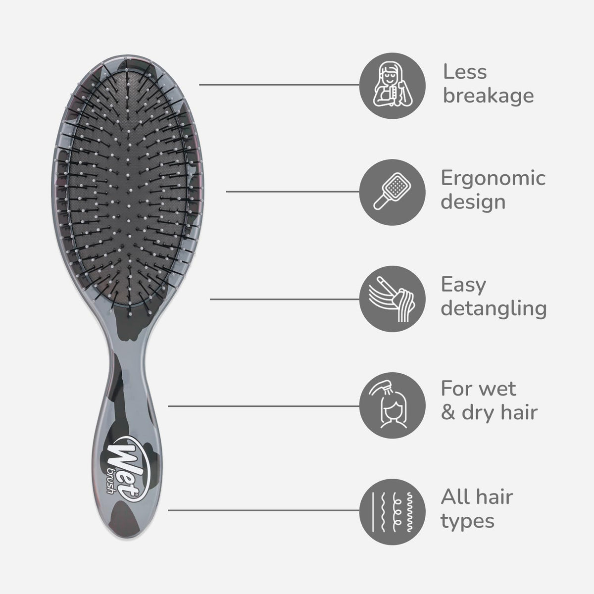 Wet Brush side profile highlighting contoured handle for secure grip, brand improves styling control