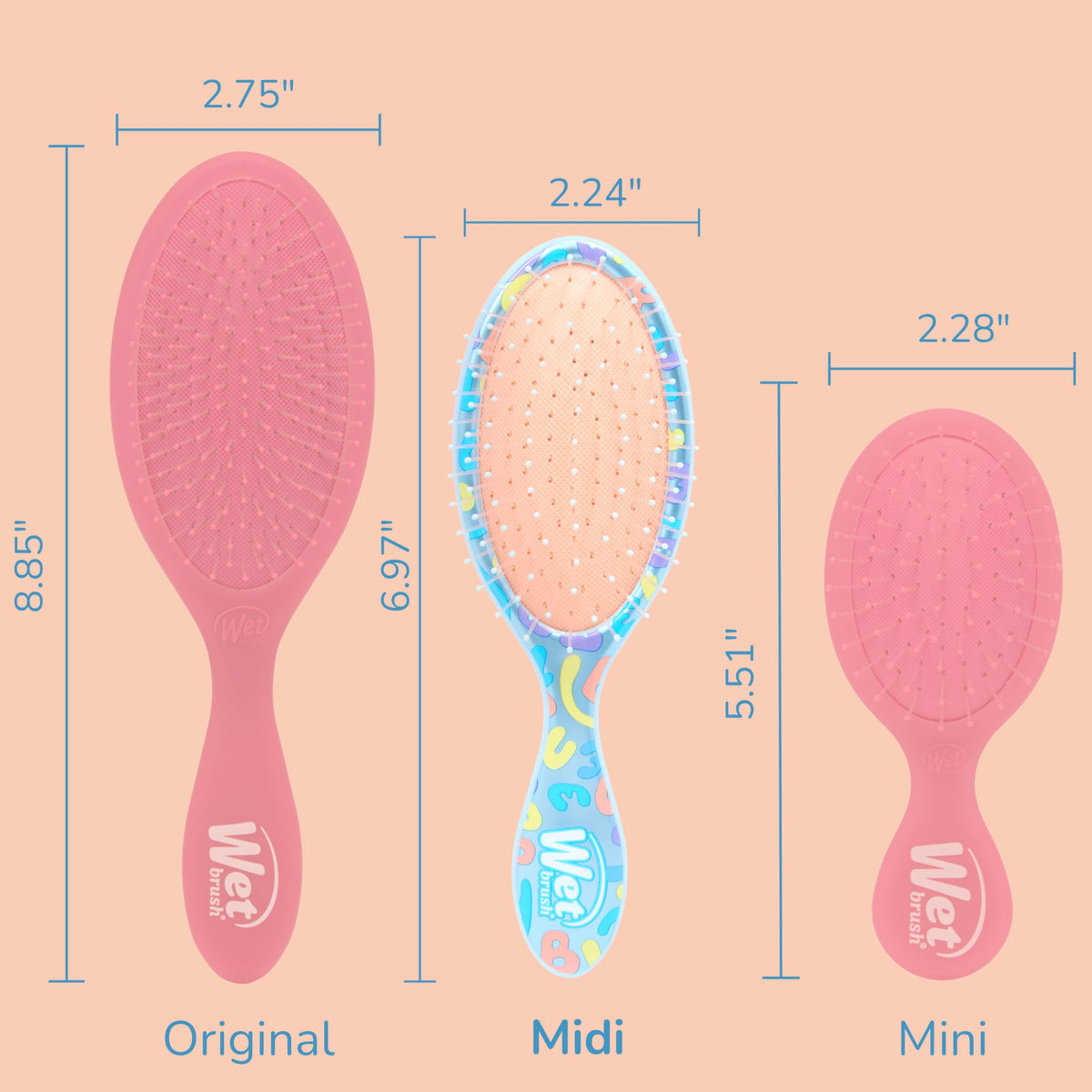 Wet Brush next to hand showing midi size and easy handling benefit