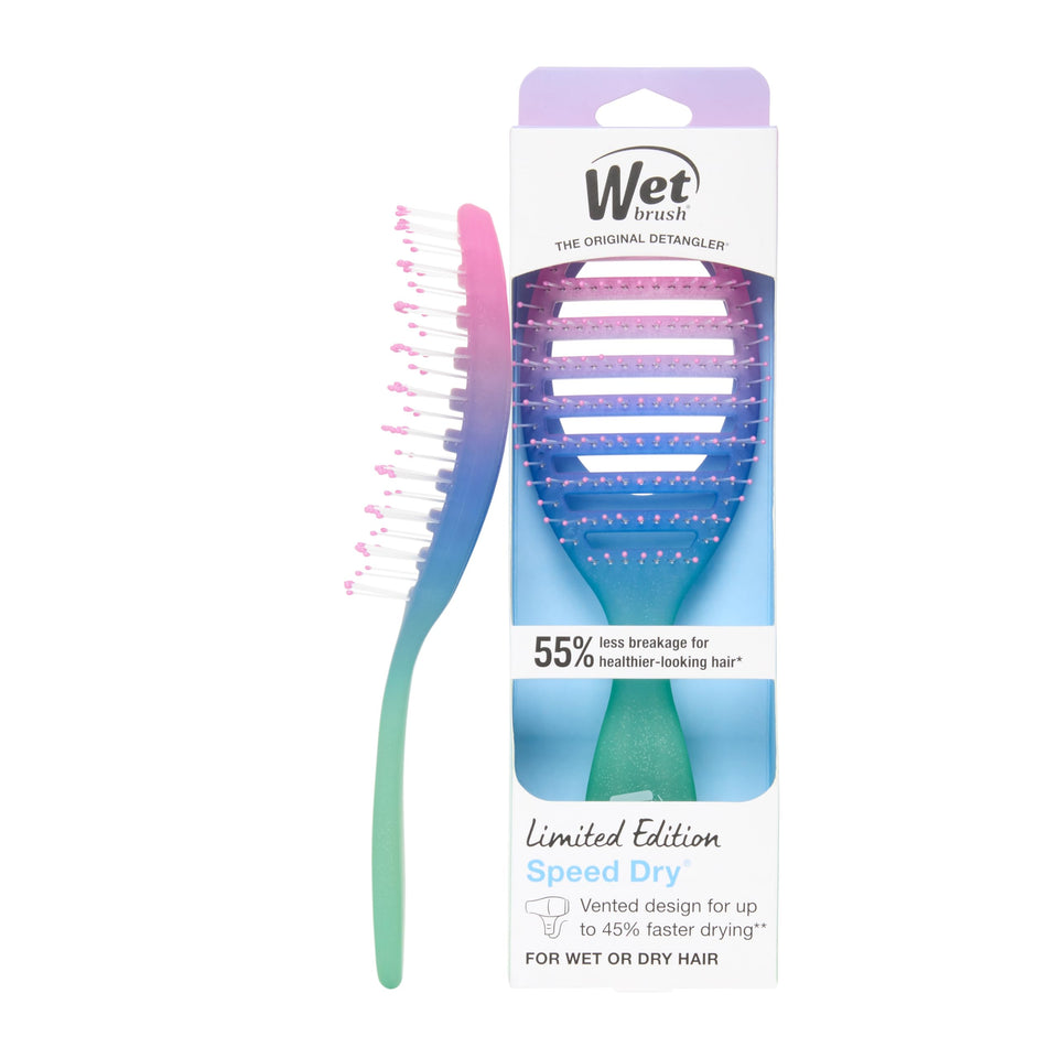 Wet Brush front view showing Electric Sky design and quick-dry benefit
