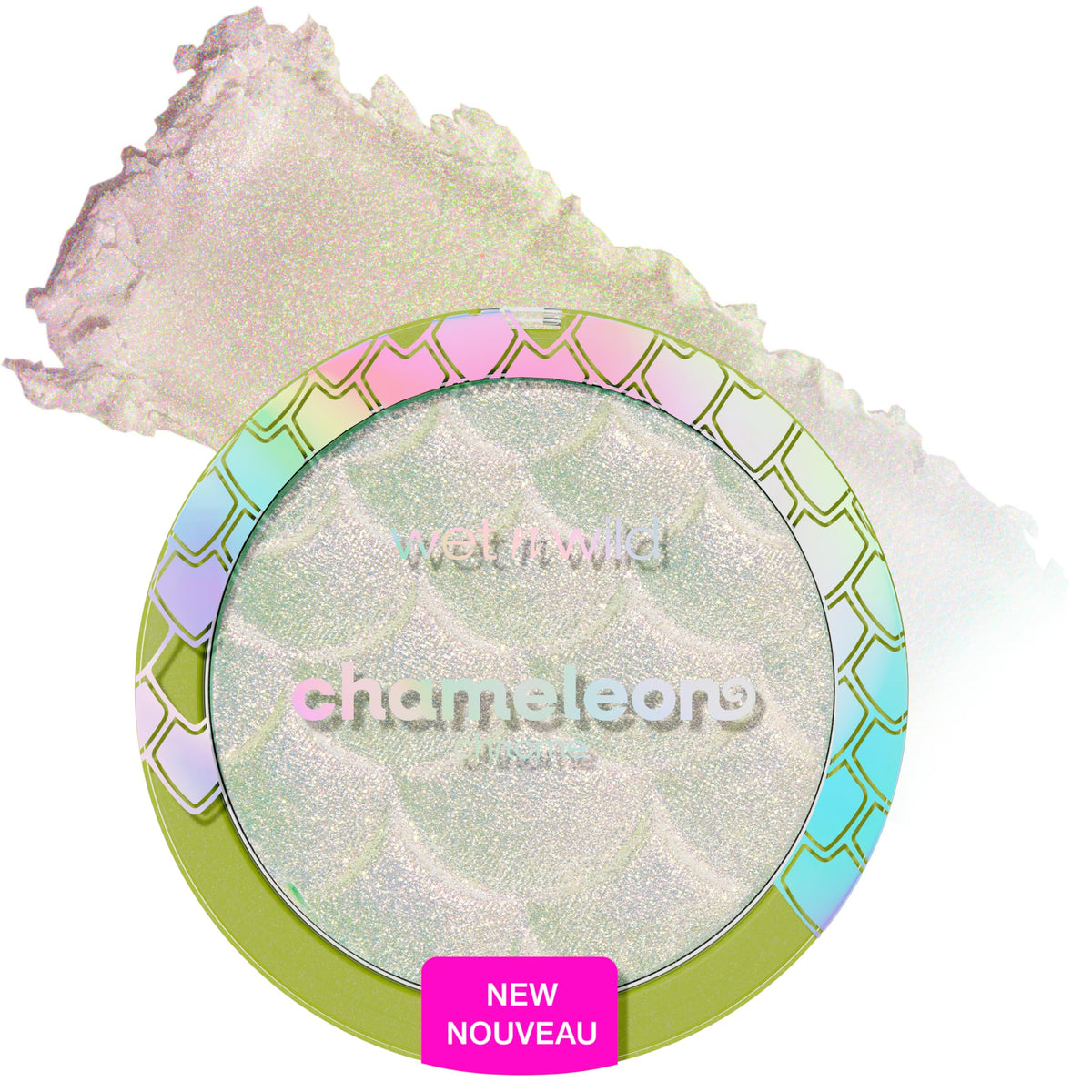 wet n wild front packaging of Chameleon Chrome Too Sirius showing product branding and compact — catches light for instant sparkle