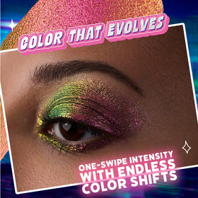 wet n wild closeup on eyelid showing multi-dimensional chrome finish and wearability