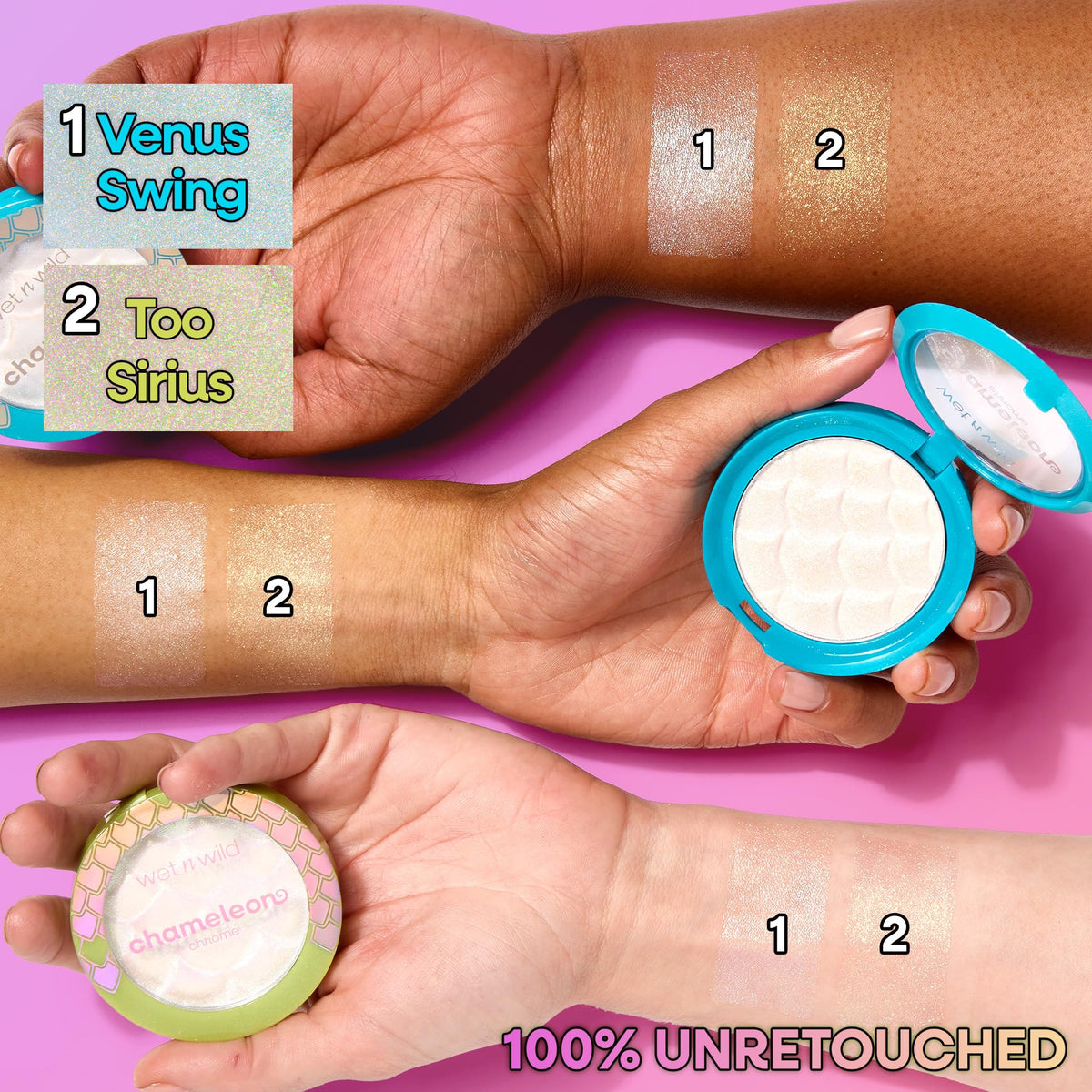 wet n wild Venus Swing applied on cheekbone highlighting multidimensional glow benefit