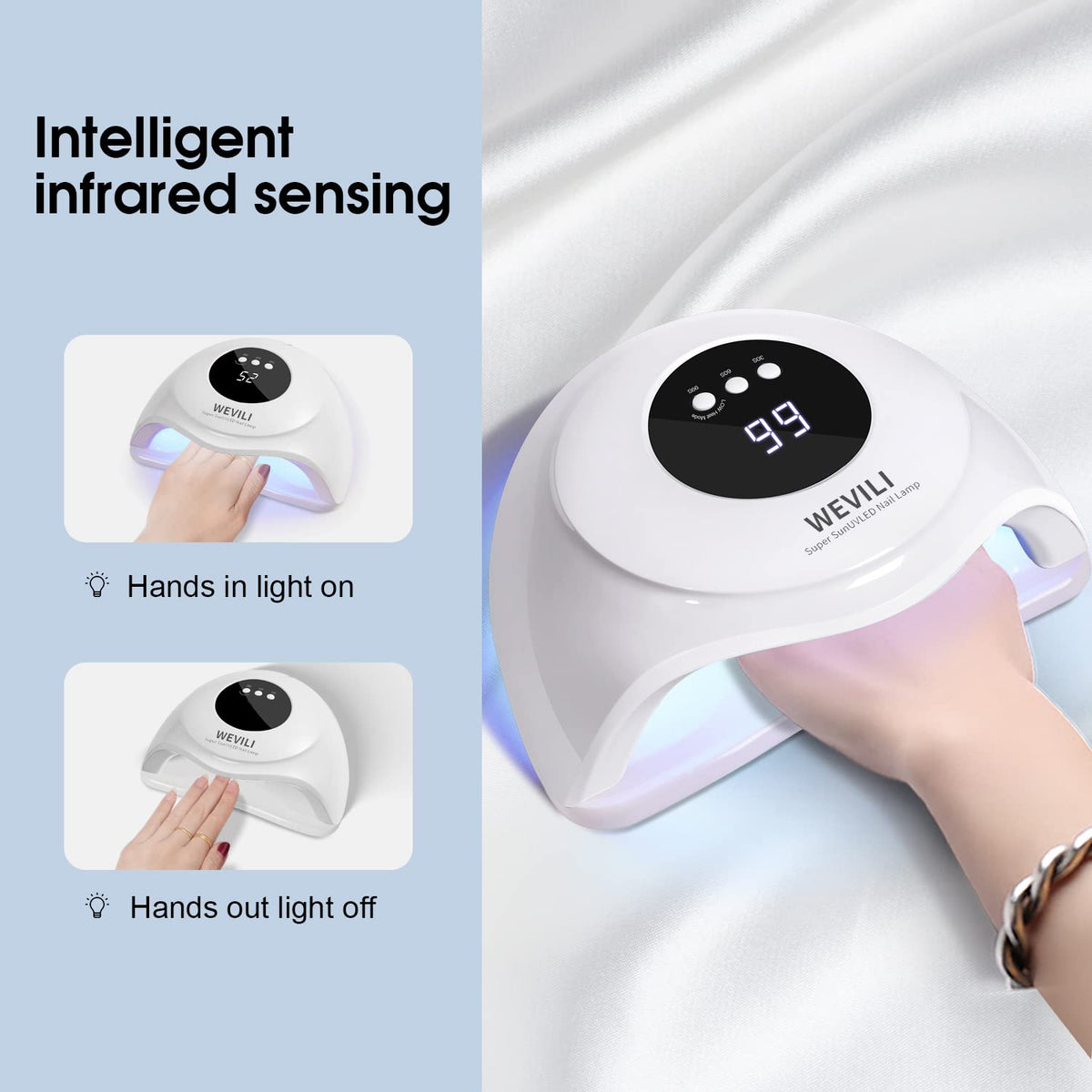 WEVILI lamp curing a hand inside demonstrating automatic sensor benefit