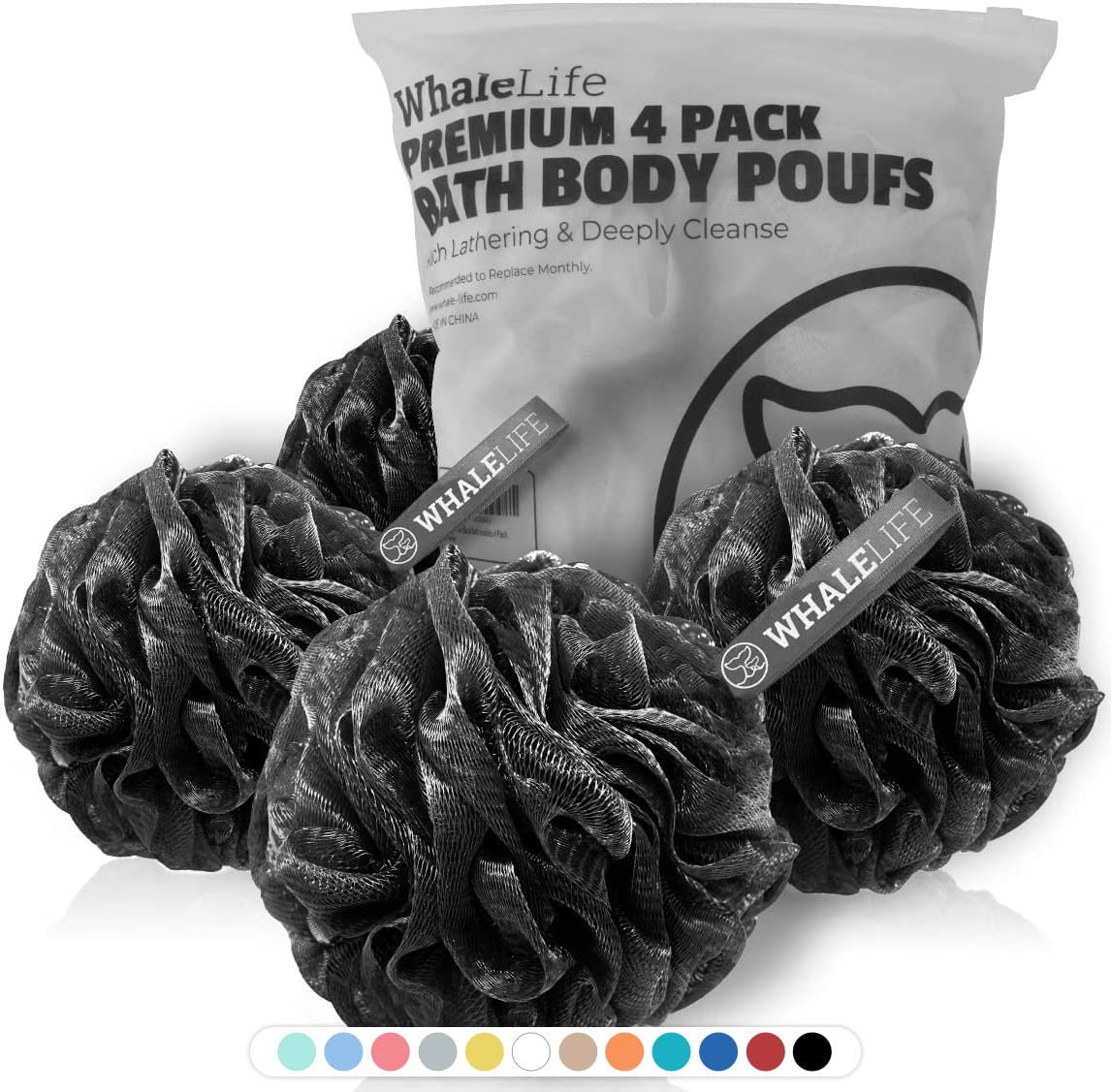 WhaleLife front view of four black loofahs showing sleek packaging and modern look