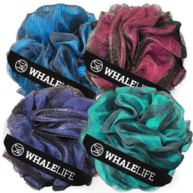 WhaleLife front view of four-color loofah pack showing sizes and colors