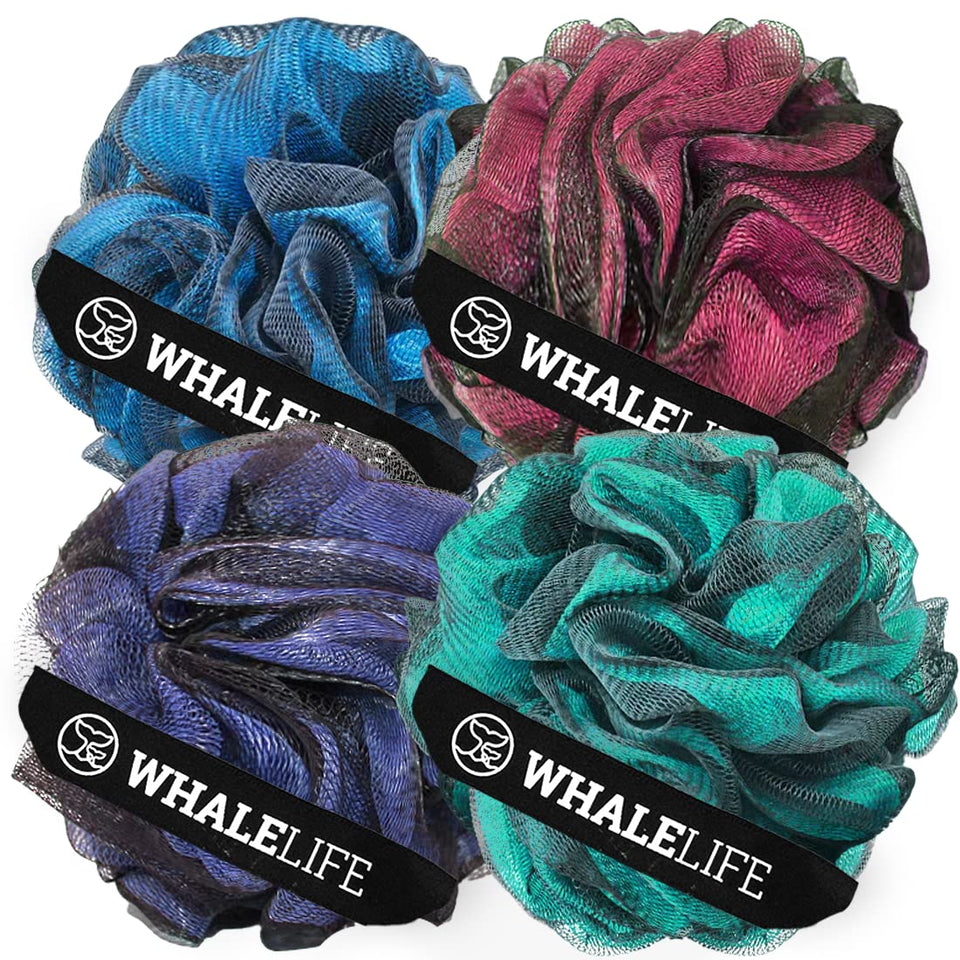 WhaleLife front view of four-color loofah pack showing sizes and colors