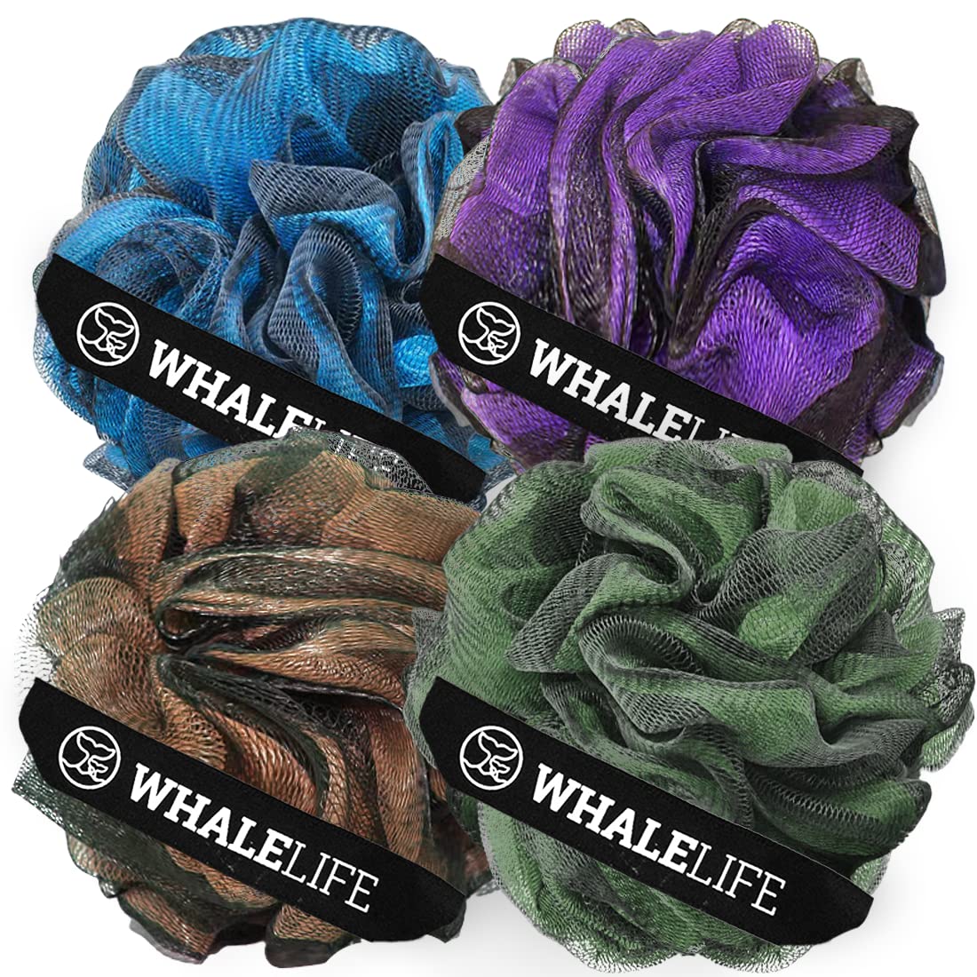 WhaleLife front packaging showing four matte black loofahs and clean design