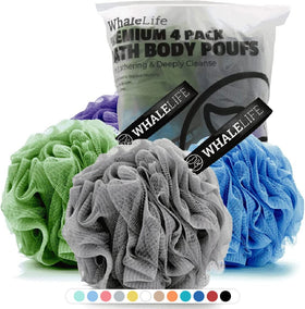 WhaleLife front view of four-color loofah pack showing size and colors