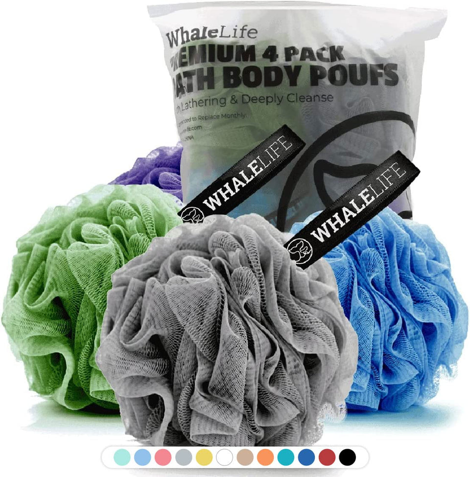 WhaleLife front view of four-color loofah pack showing size and colors