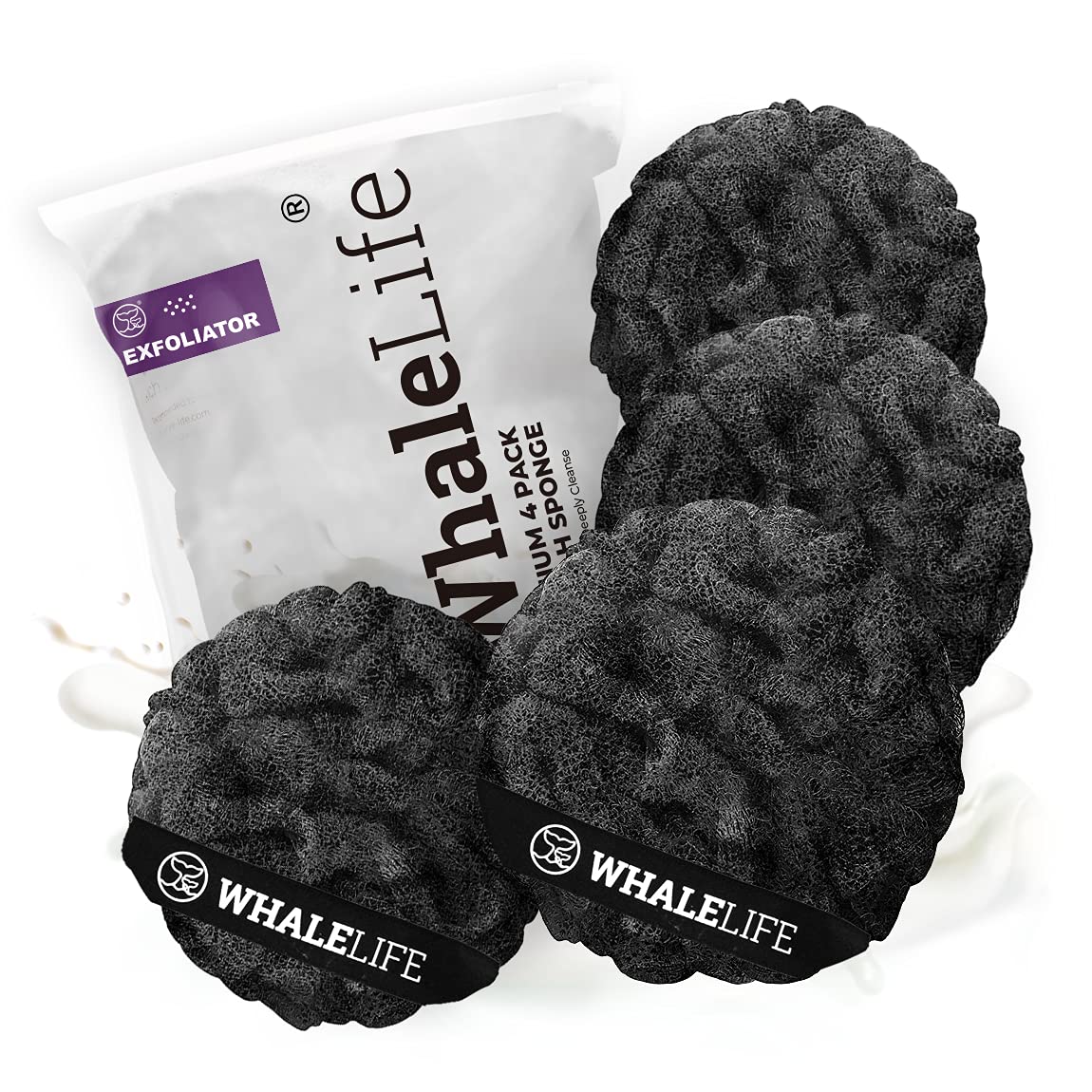WhaleLife front view of four black loofah sponges showing pack benefit