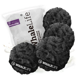 WhaleLife front view of four black loofah sponges showing pack benefit