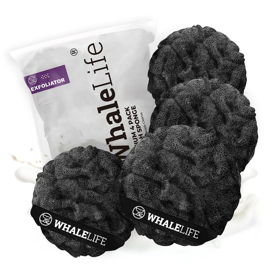 WhaleLife front view of four black loofah sponges showing pack benefit
