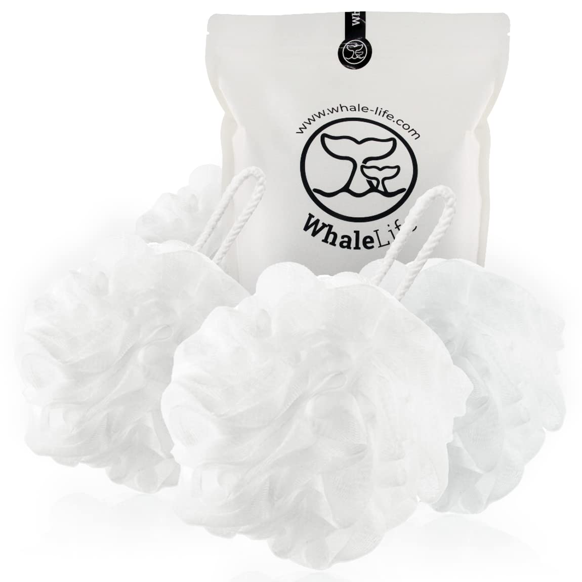 WhaleLife loofah front packaging showing four puffs, convenient family supply