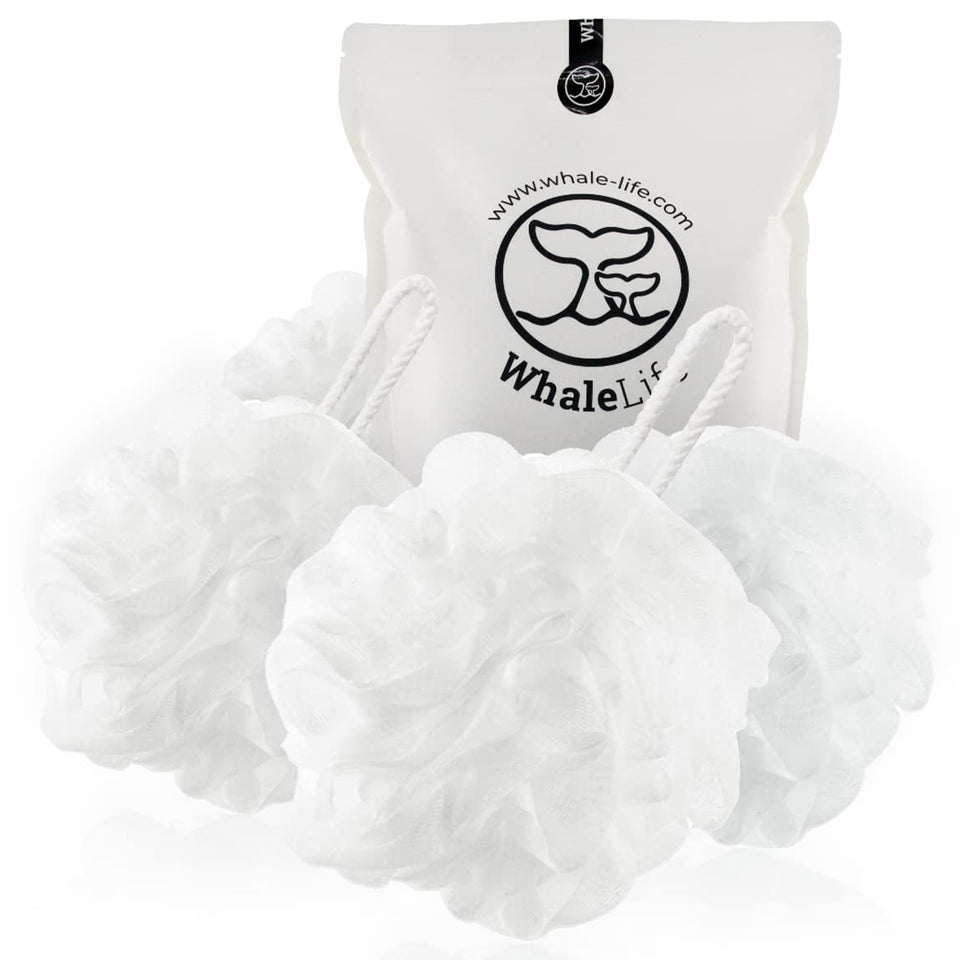 WhaleLife loofah front packaging showing four puffs, convenient family supply