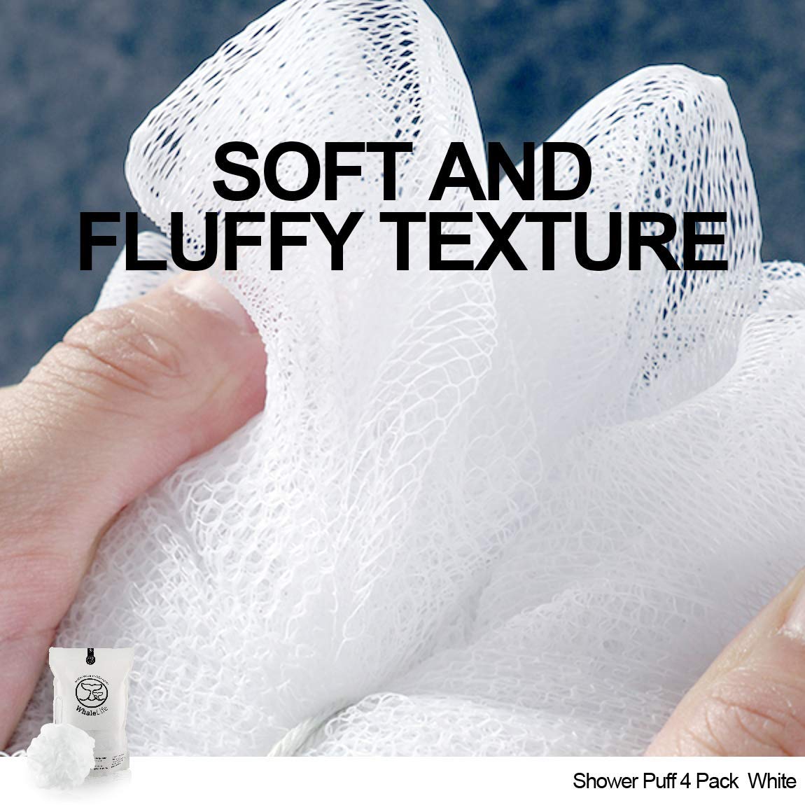 WhaleLife loofah held in hand for scale, oversized pouf for faster coverage