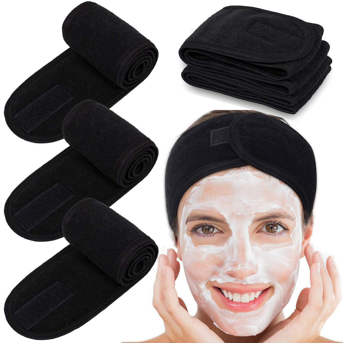 Whaline front pack of four black terry headbands showing convenience