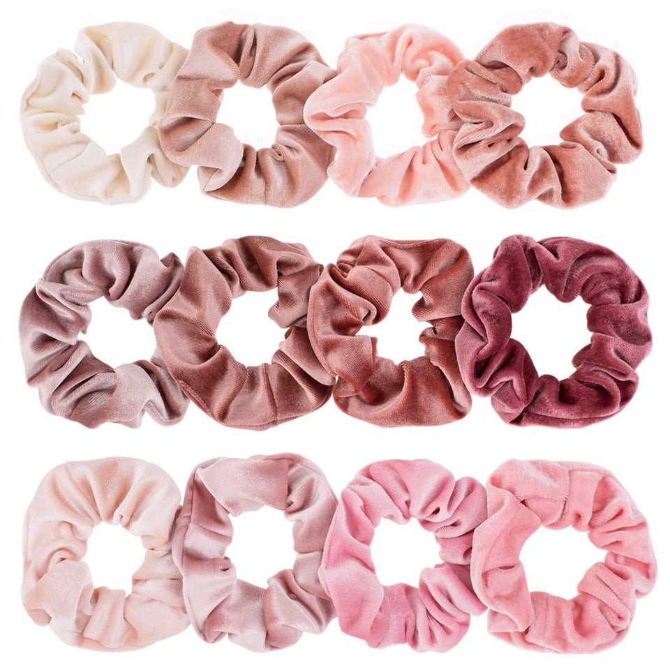 Whaline front packaging of 12 pink velvet scrunchies showing cohesive set and gift-ready presentation