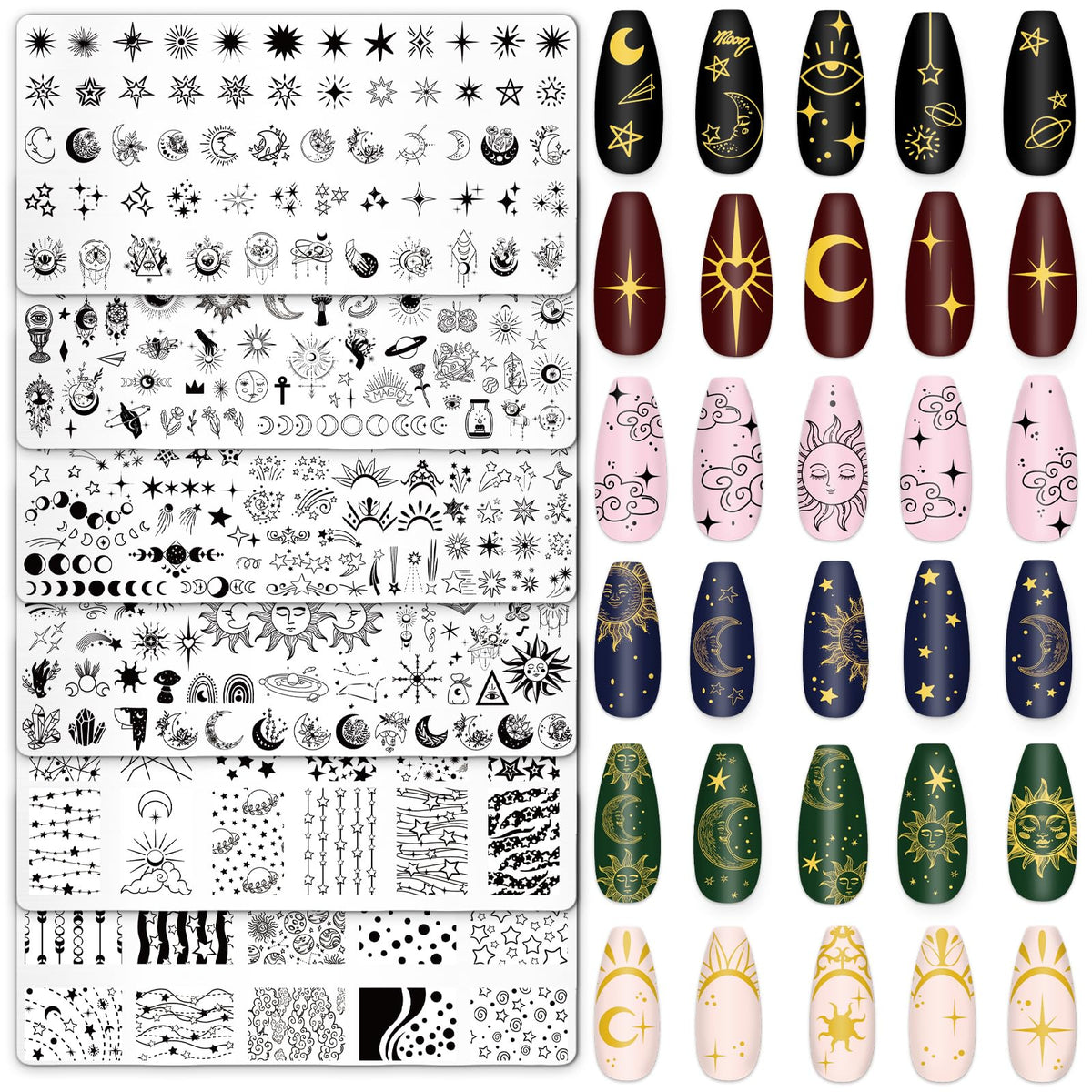 Whaline front view of six celestial stamping plates showing assortment and benefits