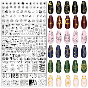 Whaline front view of six celestial stamping plates showing assortment and benefits