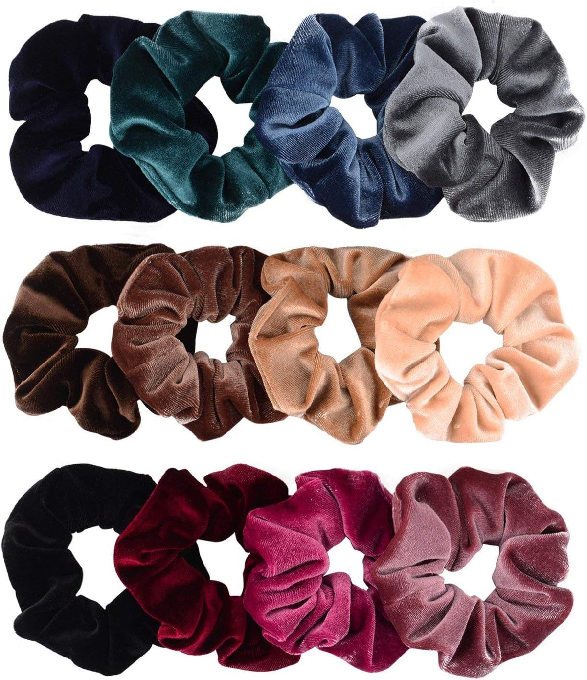 Whaline front view of 12-pack velvet scrunchies showing colors and packaging, great variety