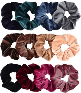 Whaline front view of 12-pack velvet scrunchies showing colors and packaging, great variety