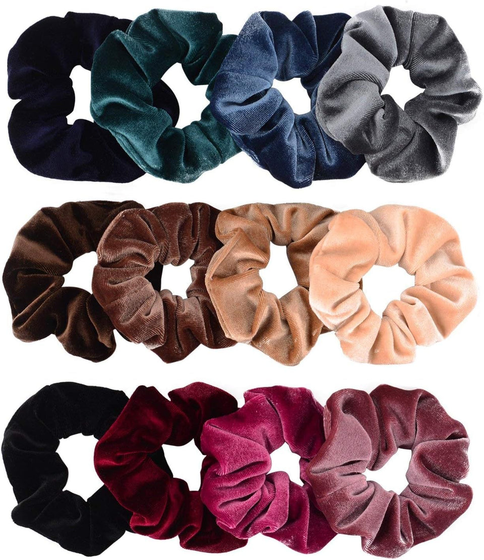 Whaline front view of 12-pack velvet scrunchies showing colors and packaging, great variety
