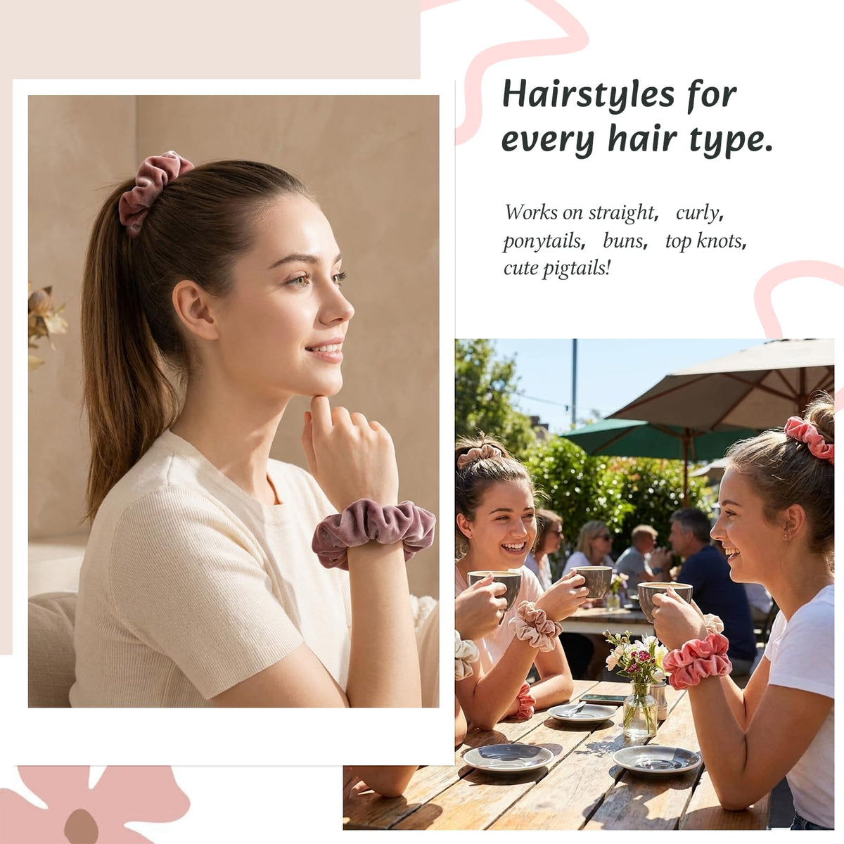 Lifestyle shot of woman tying hair with Whaline scrunchie illustrating everyday and event use
