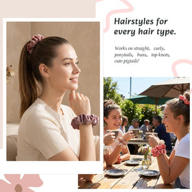 Lifestyle shot of woman tying hair with Whaline scrunchie illustrating everyday and event use
