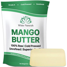White Naturals mango butter block front view showing organic packaging and rich moisturizer