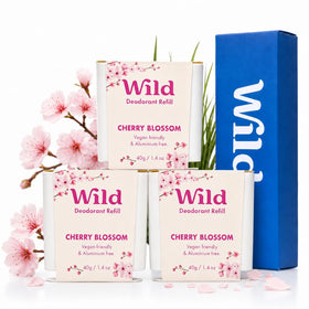 Wild cherry blossom front box showing three refills and packaging benefit reduced waste