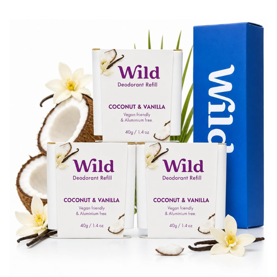 Wild coconut & vanilla front box showing three refills and eco packaging benefit
