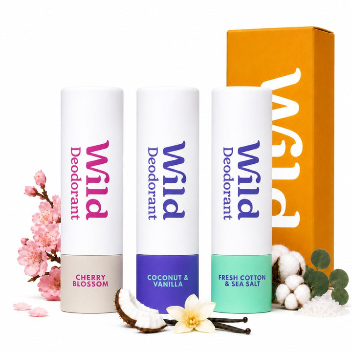 Wild front packaging showing three mini deodorants and scent variety benefit