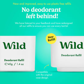 Wild refill open cartridge showing bamboo-pulp shell and easy-install benefit
