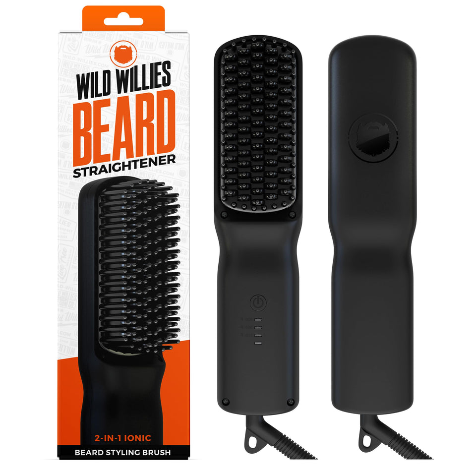 Wild Willies front packaging showing the heated beard styler and benefits