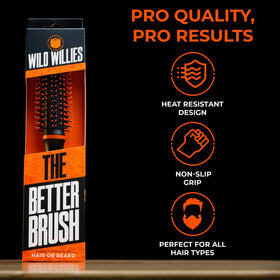 Wild Willies brush in use with blow dryer creating styled volume and shape