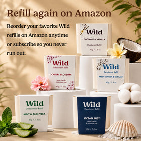 Wild deodorant on bathroom counter styled in everyday routine setting