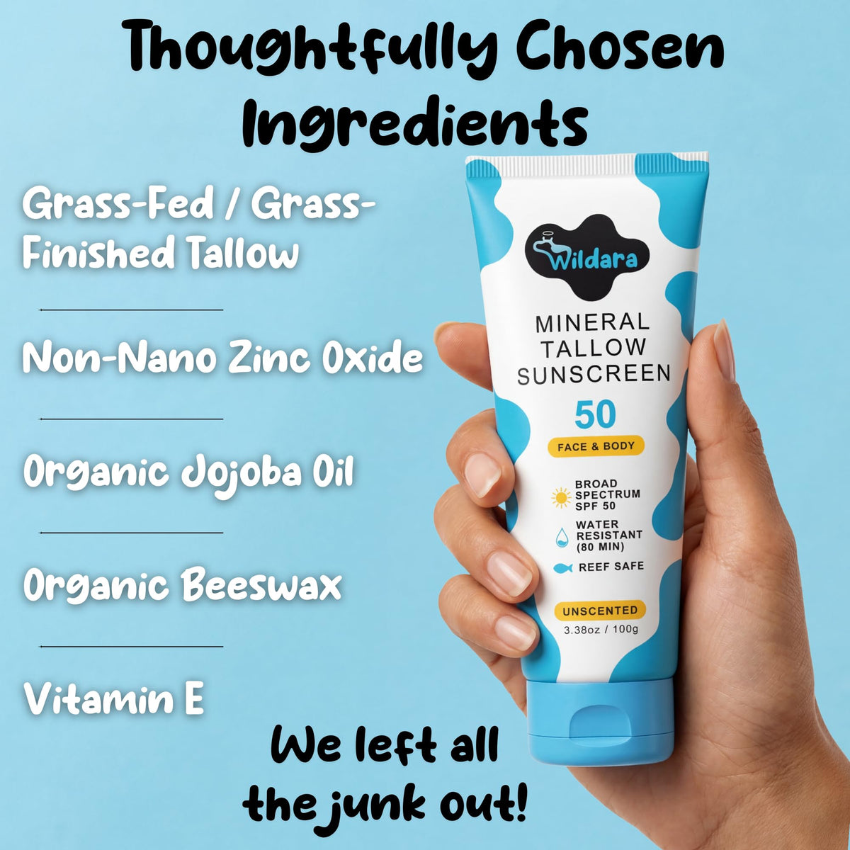 Wildara ingredient label close-up highlighting zinc oxide and tallow