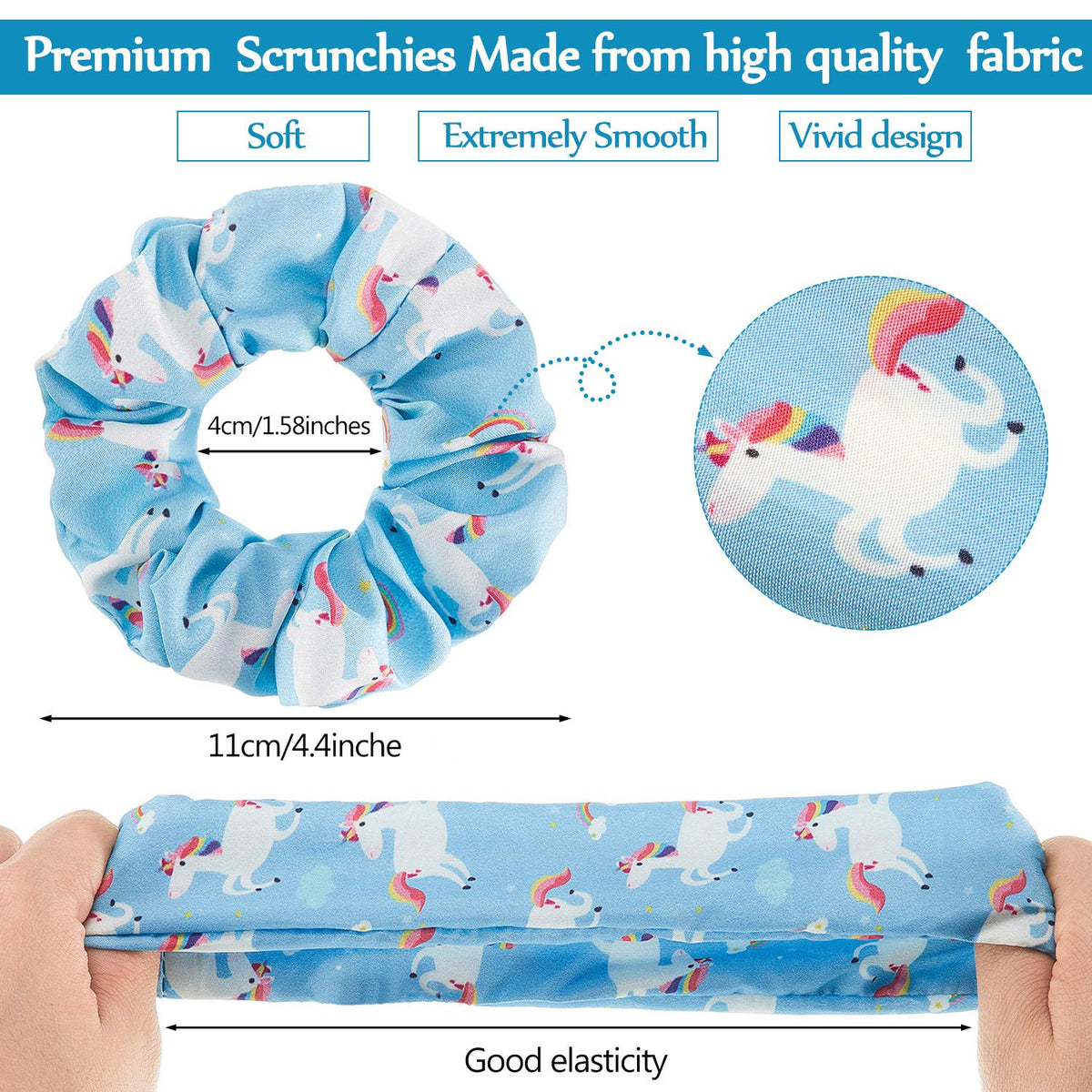 Close-up of WILLBOND unicorn print scrunchie highlighting vibrant colors and cute design appeal