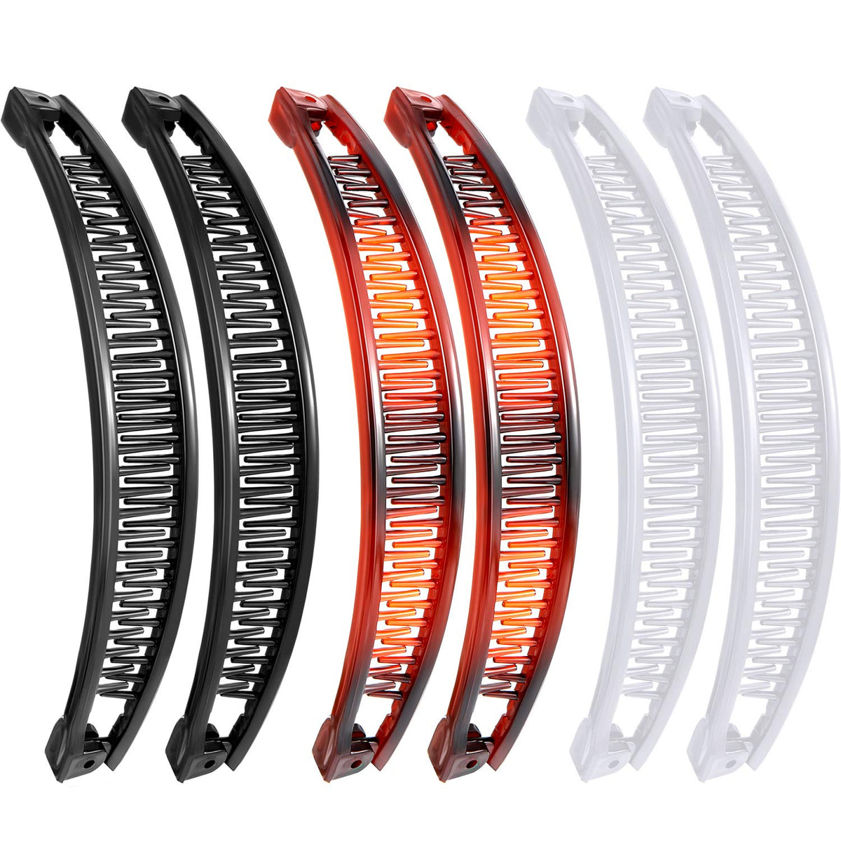 WILLBOND front view of six banana clips showing colors and tidy packaging benefit