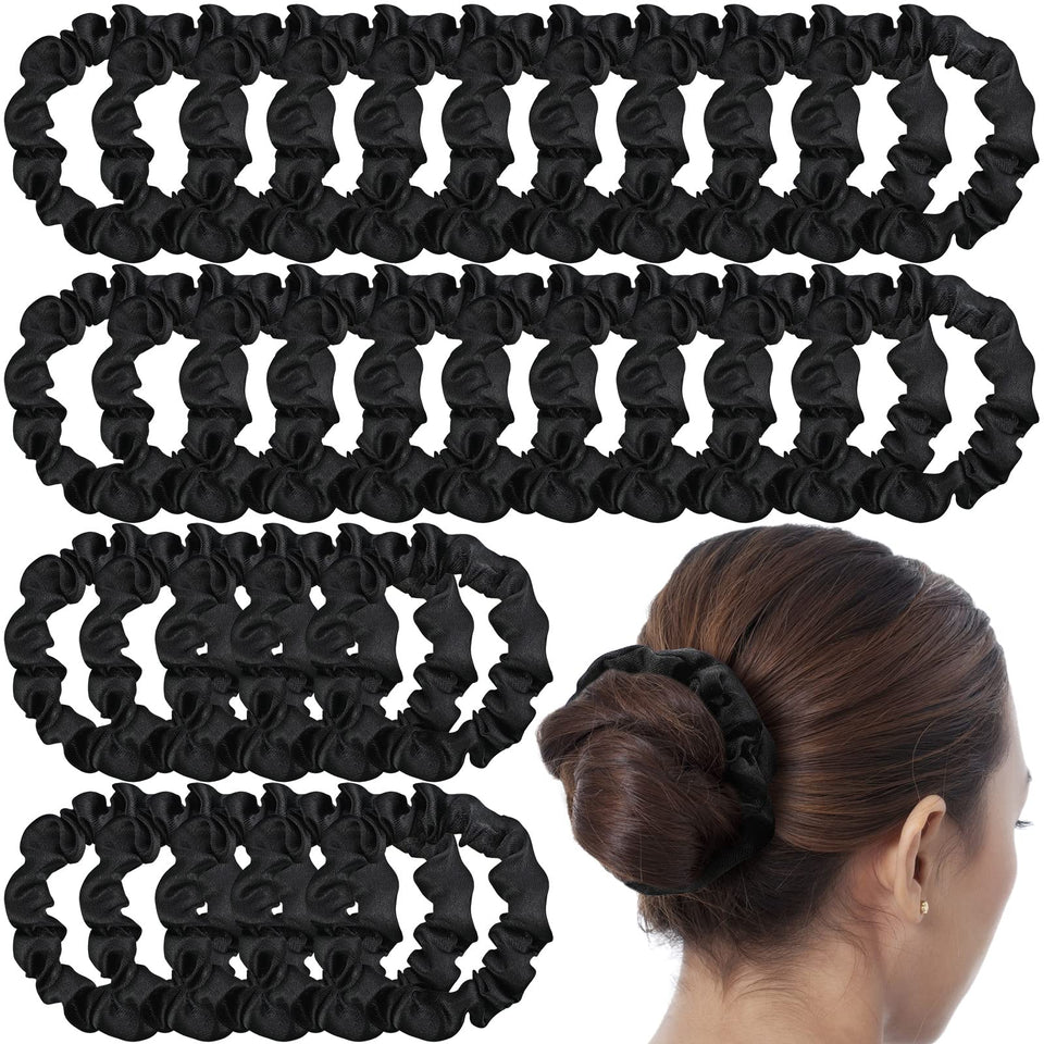 WILLBOND front view of 30 black satin scrunchies, convenient bulk supply