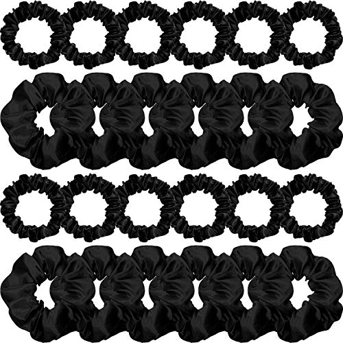 WILLBOND front view of 24 black satin scrunchies showing neat packaging and polish