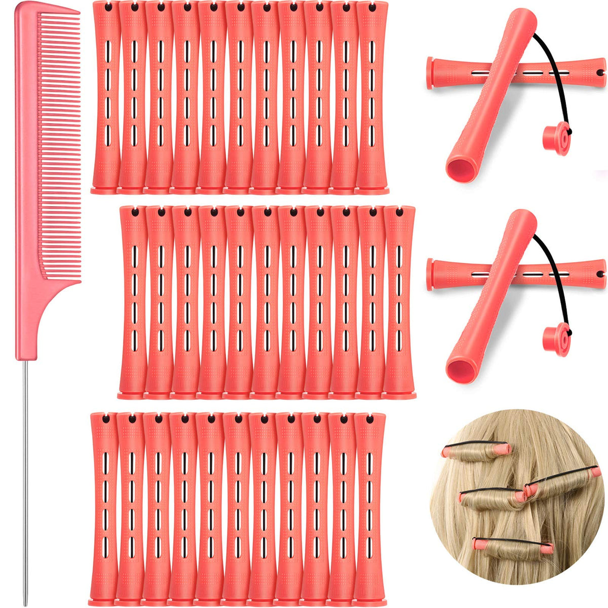 WILLBOND front view of 36-piece perm rods kit showing included comb and bands, convenient storage