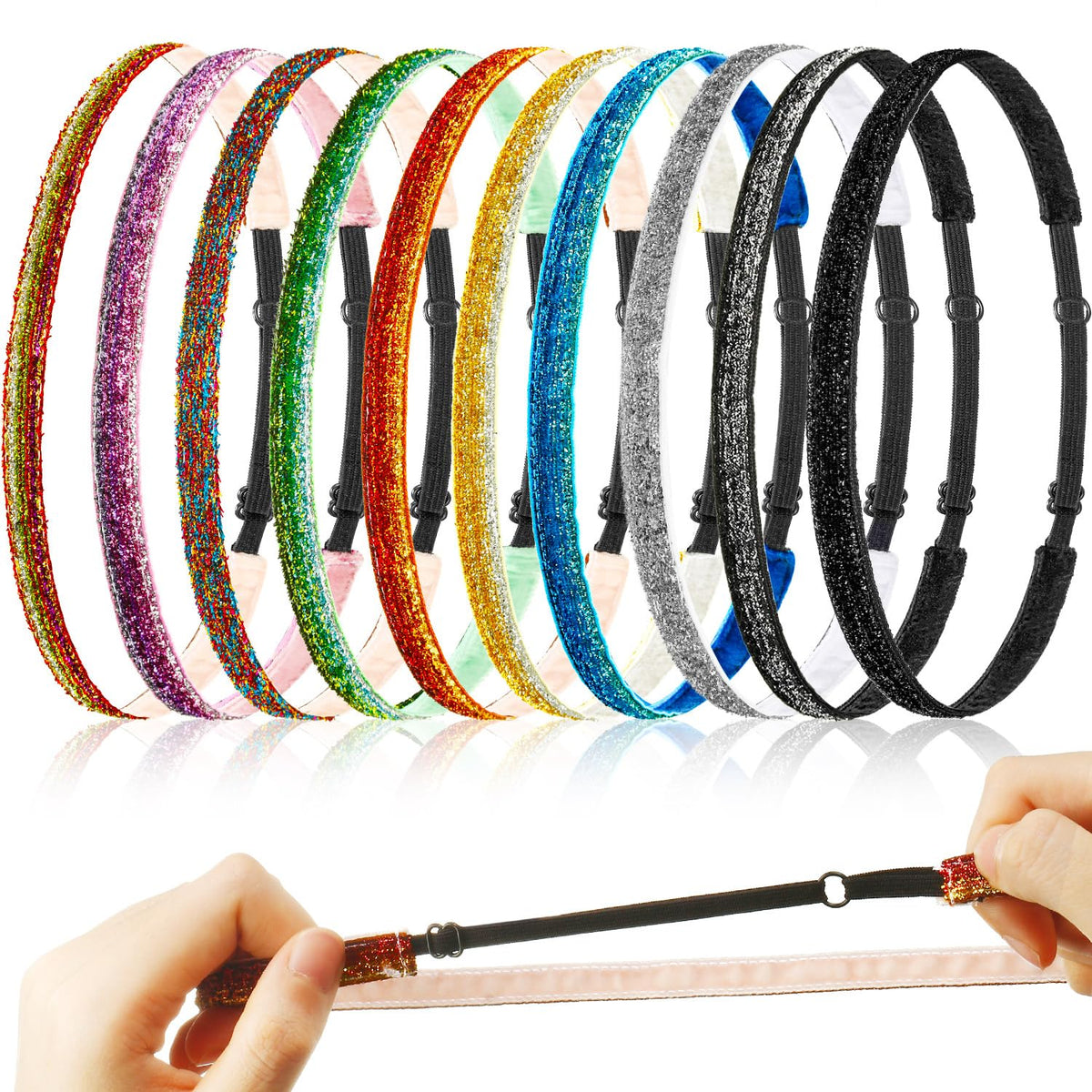 WILLBOND front pack display showing ten glittery headbands and product colors